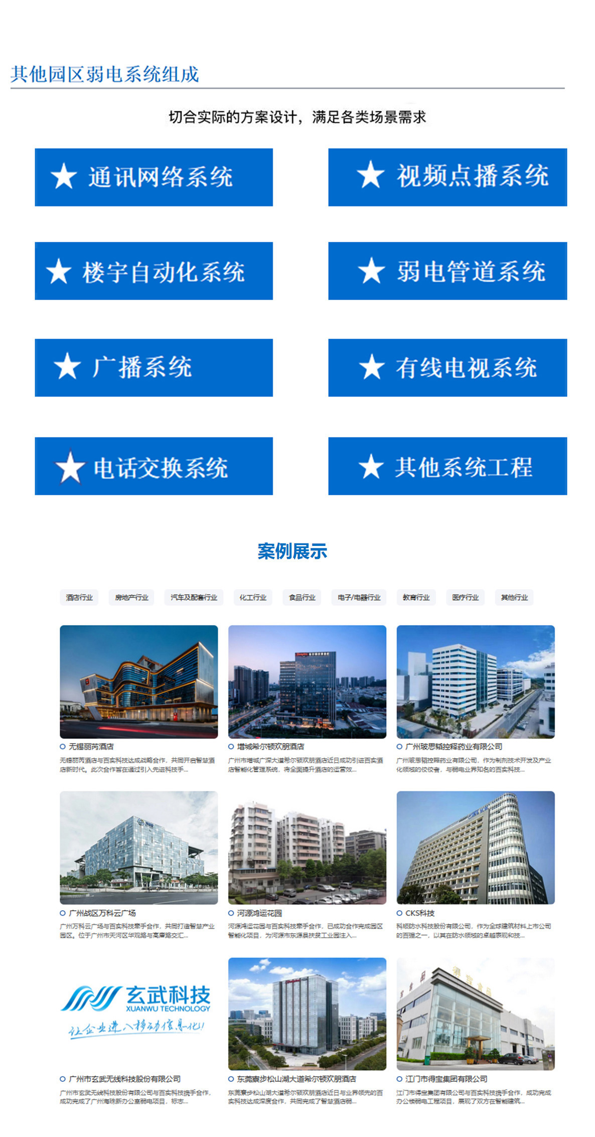 5科技园,工业园,商业园,产业园,农业园,物流园等园区讯通网络系统，园区视频点播系统,园区楼宇自动化系统,园区弱电管道系统,园区广播系统，园区有无线电视系统,园区会议系统,园区电话交换系统等其他园区弱电系统，切合实际的方案设计，满足各类场景需求